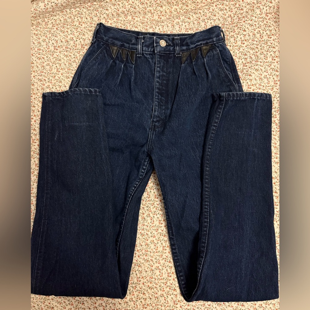 vintage dark blue high waisted pulse jeans with leather details